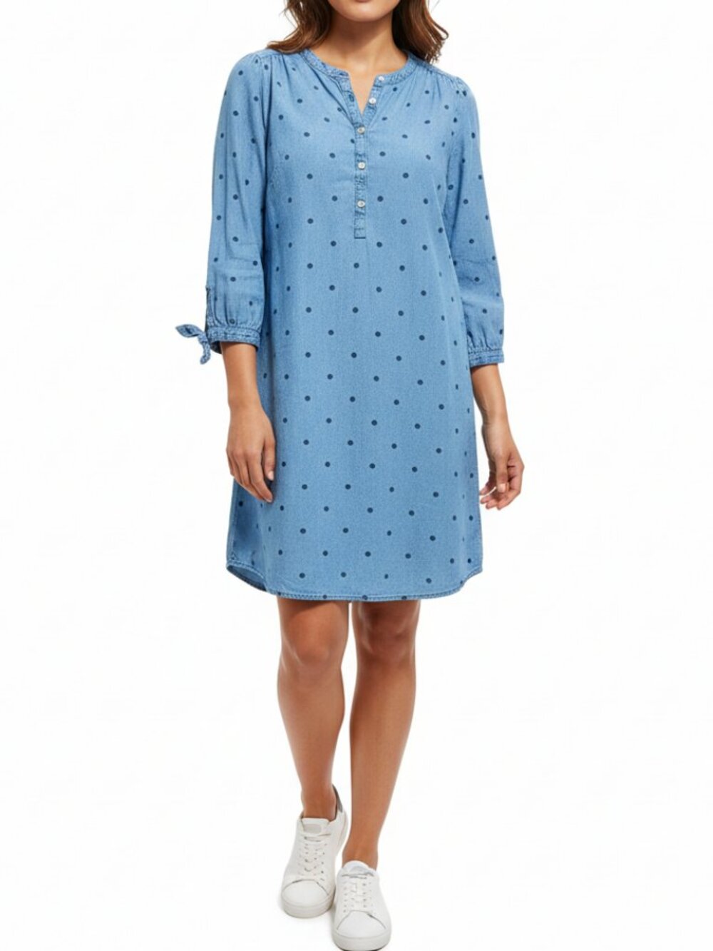 Chambray Denim Chambray Polka Dot Shift Mini Dress